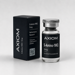 A clear glass vial labeled Axiom 5 Amino-1MQ 5mg next to its black packaging box, set against a clean light gray background.