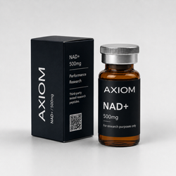 Axiom NAD+ 500mg supplement shown with its black retail box and an amber glass vial with a silver cap on a light gray background.