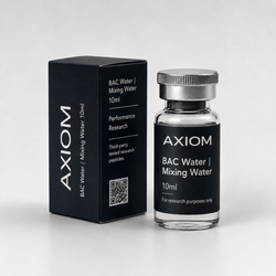 A 10ml glass vial of Axiom BAC Water / Mixing Water with a silver cap next to its black packaging box, on a light gray background.