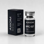 A clear glass vial labeled Axiom Selank 5mg next to its black packaging box, set against a clean light gray background.