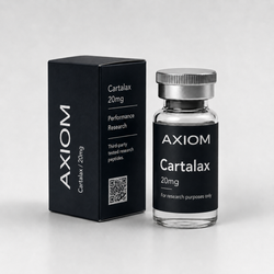 A clear glass vial labeled Axiom Cartalax 20mg next to its black packaging box, set against a clean light gray background.