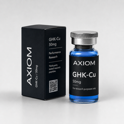 A vial of Axiom GHK-Cu 50mg with a blue liquid and black label next to its black packaging box, on a light gray background.