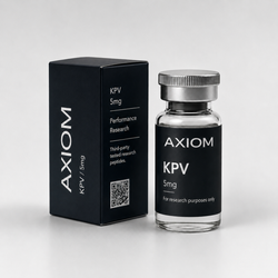 A clear glass vial with a silver cap and a black label reading AXIOM KPV 5mg, shown next to its black product box on a light gray background.