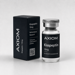 A small clear glass vial labeled Axiom Kisspeptin 10mg stands next to its black rectangular box on a light gray studio background.