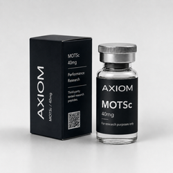 A clear glass vial with a silver cap and a black label reading Axiom MOTSc 40mg, shown next to its black retail box on a light gray background.