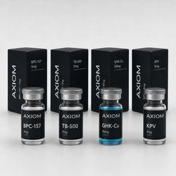 Four Axiom brand vials and matching black boxes arranged in a row on a light gray background. The vials are labeled BPC-157, TB-500, GHK-Cu, and KPV, all at 5mg, with one vial containing a blue liquid.