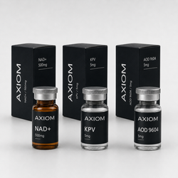 Three Axiom supplement vials and matching black boxes arranged on a light gray studio background. The vials include amber NAD+ 500mg, clear KPV 5mg, and clear AOD 9604 5mg, each with a silver cap and a black label featuring white text.