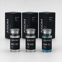 Three Axiom supplement vials with silver caps and three matching black boxes behind them on a light gray background. The vials are labeled Axiom BPC-157 5mg, TB-500 5mg, and GHK-Cu 50mg.