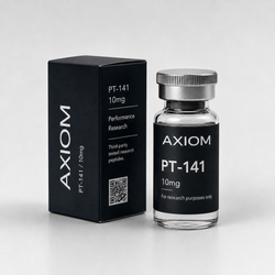 A clear glass vial with a silver cap and a black label reading AXIOM PT-141 10mg, shown next to its black product box on a light gray background.